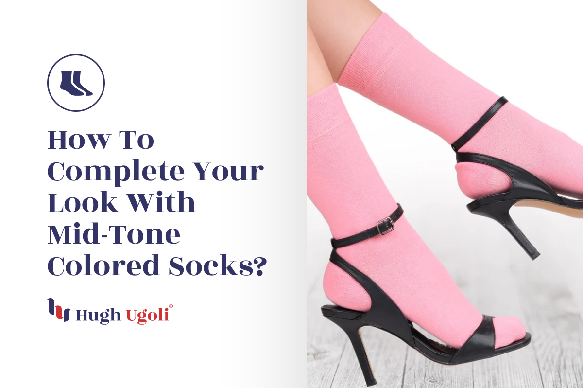 Close-up of a person wearing pink mid-tone socks paired with black open-toe high heels, showcasing a bold, modern styling choice.