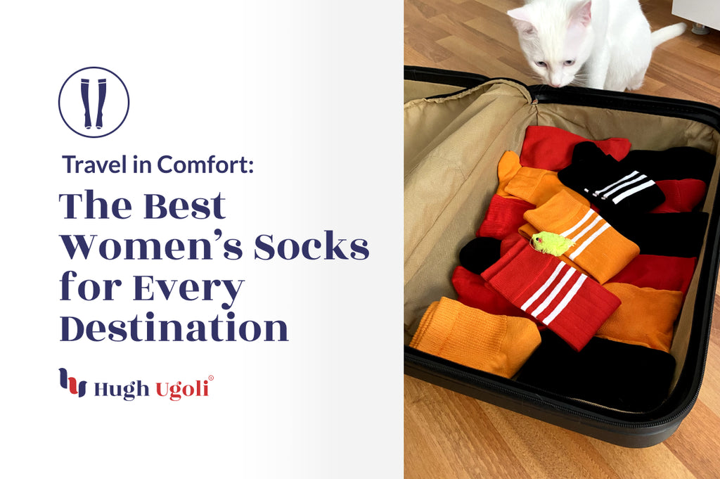 A white cat peers at a suitcase filled with colorful Hugh Ugoli women's socks, promoting travel comfort with a variety of designs.