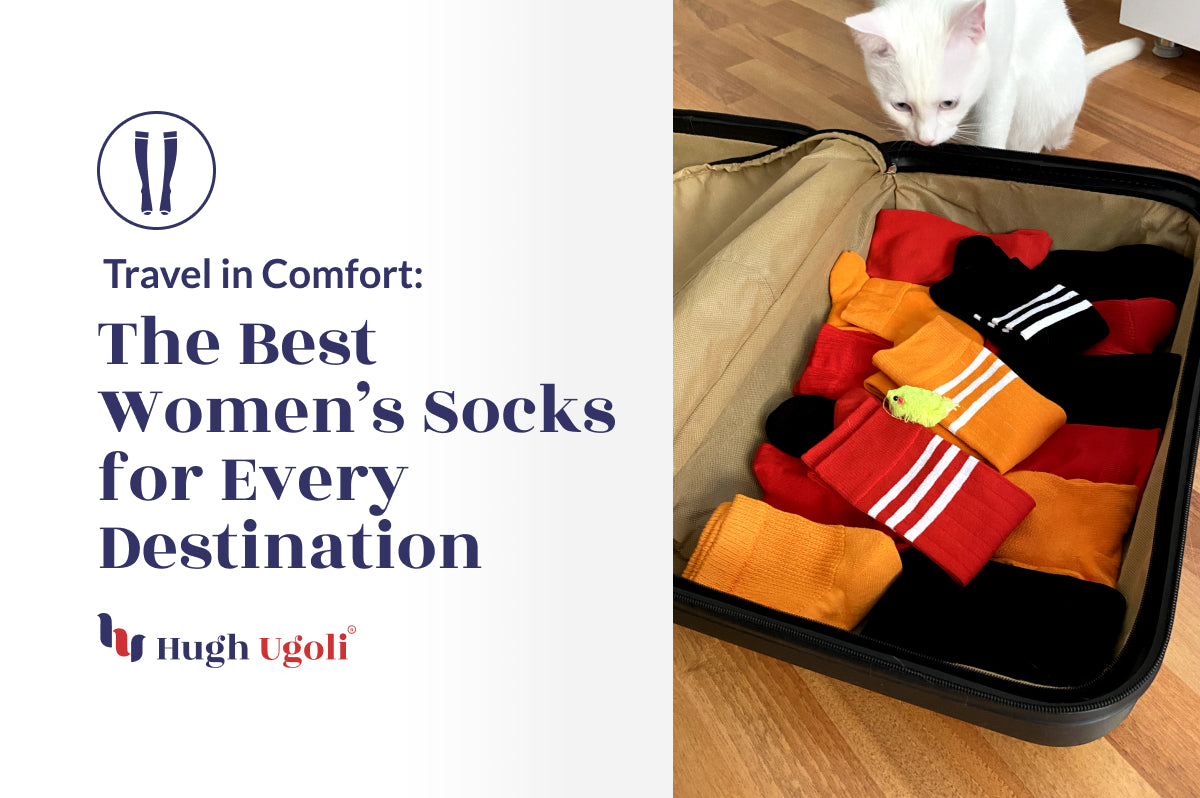 A white cat peers at a suitcase filled with colorful Hugh Ugoli women's socks, promoting travel comfort with a variety of designs.