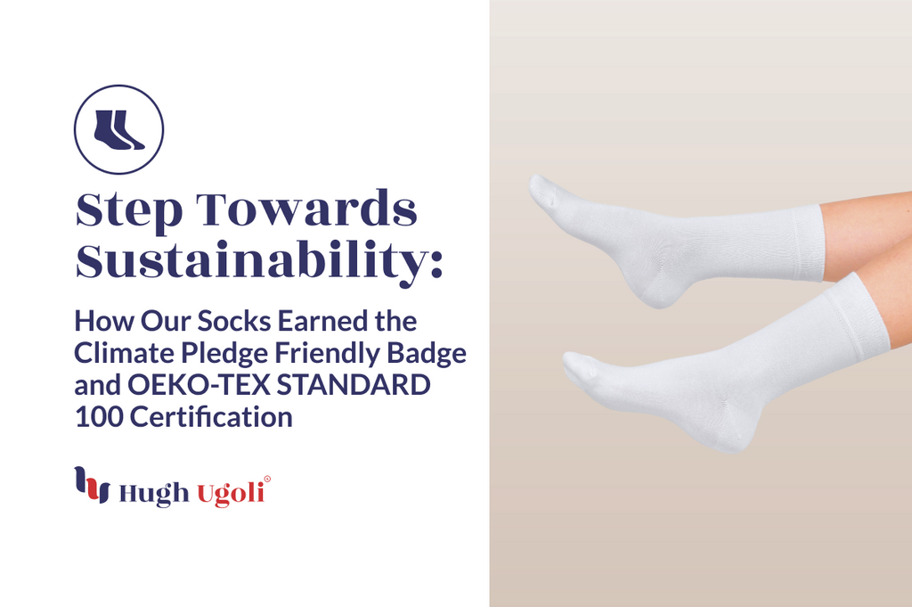 Promotional image showcasing Hugh Ugoli socks, highlighting their sustainability efforts with Climate Pledge Friendly Badge and OEKO-TEX STANDARD 100 Certification.