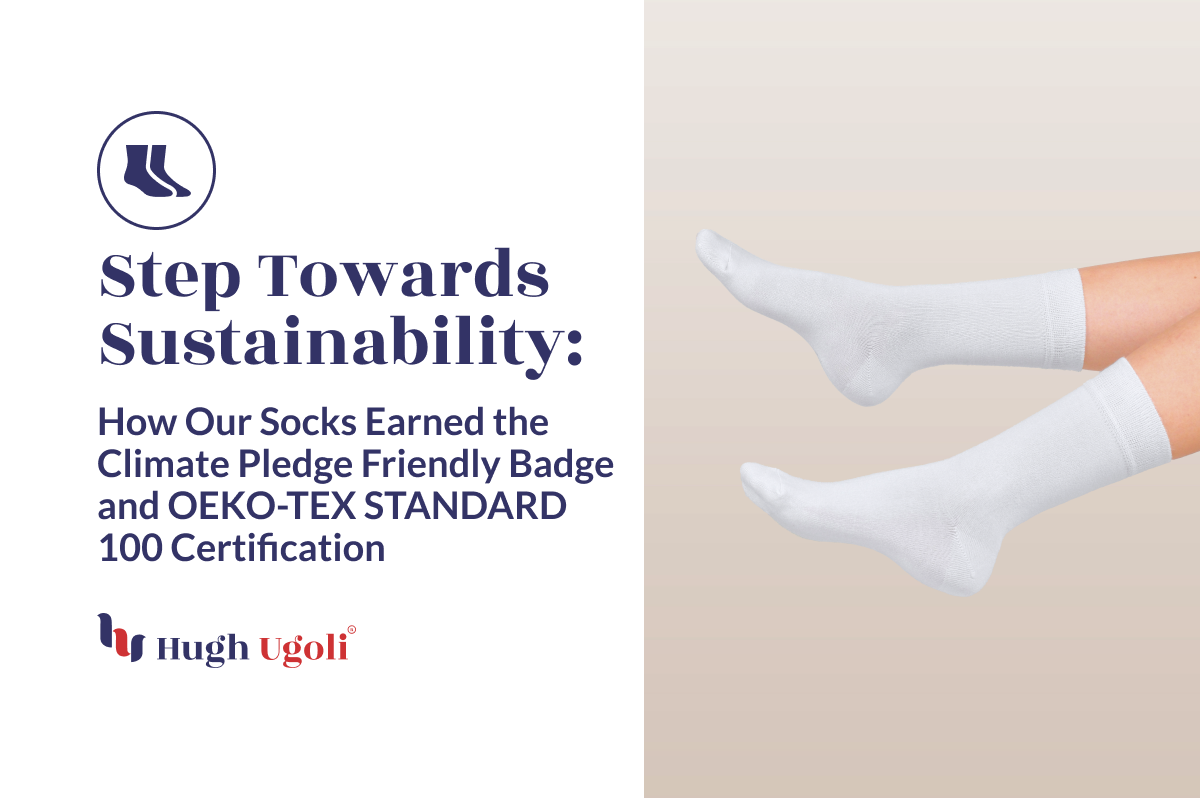 Promotional image showcasing Hugh Ugoli socks, highlighting their sustainability efforts with Climate Pledge Friendly Badge and OEKO-TEX STANDARD 100 Certification.