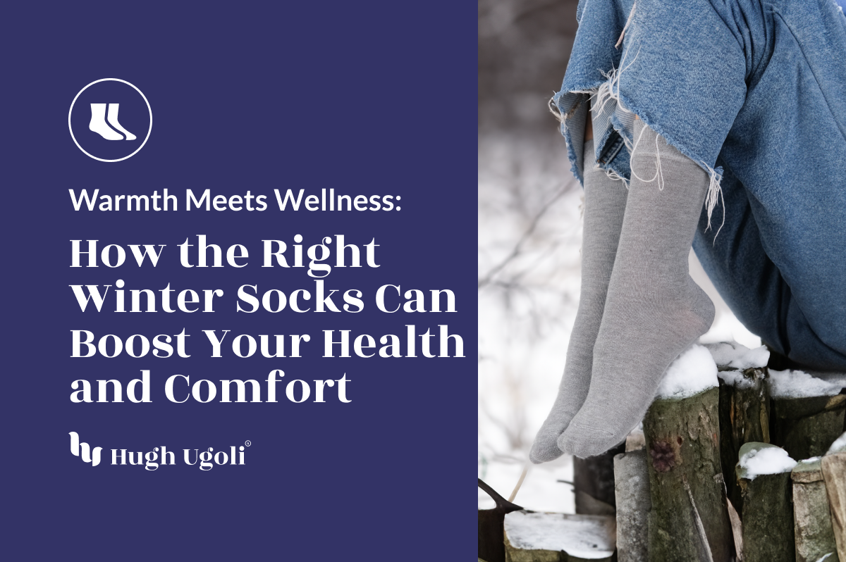 Feet in grey socks perched on snowy wood, with a health and comfort message.