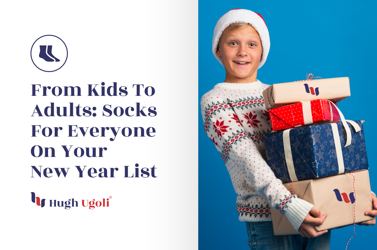 A cheerful child wearing a festive Santa hat and snowflake sweater holding a stack of beautifully wrapped holiday gifts.