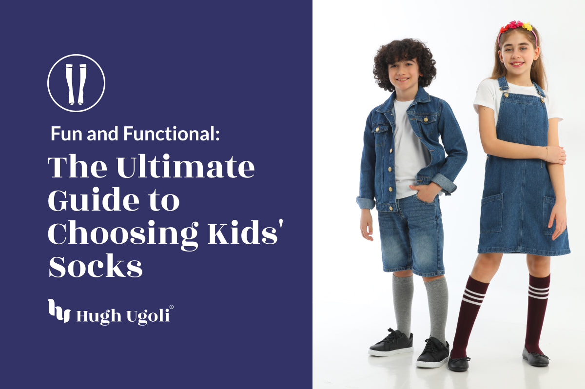 The image is a promotional cover with two kids modeling socks. The left side has text "Fun and Functional: The Ultimate Guide to Choosing Kids' Socks by Hugh Ugoli" with a brand logo. 