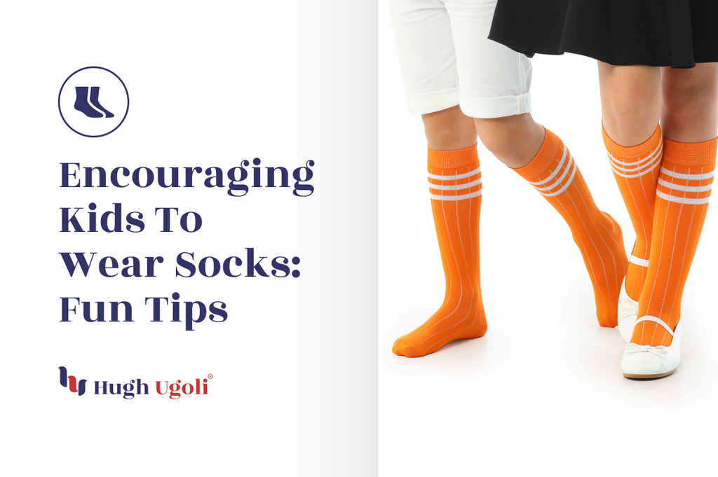 Two children standing side by side, wearing bright orange knee-high socks with white stripes, emphasizing fun and comfort in children's sock choices.