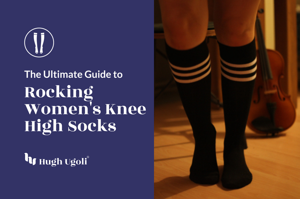 The image features a pair of women's knee-high socks with distinctive horizontal white stripes near the top.