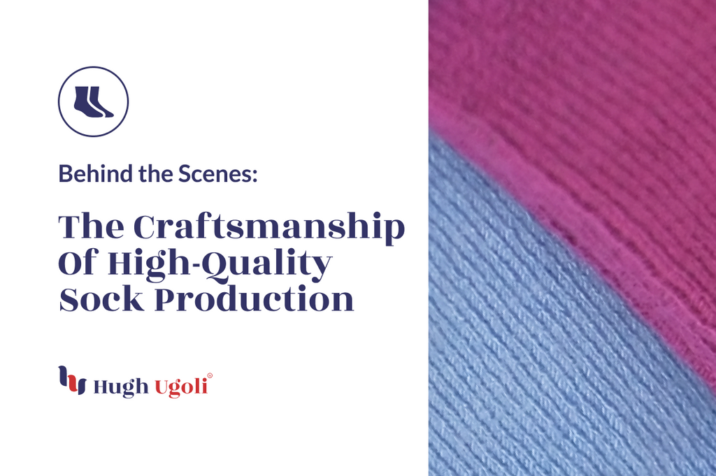 Close-up textures of pink and blue Hugh Ugoli socks, highlighting the intricate craftsmanship involved in their production.