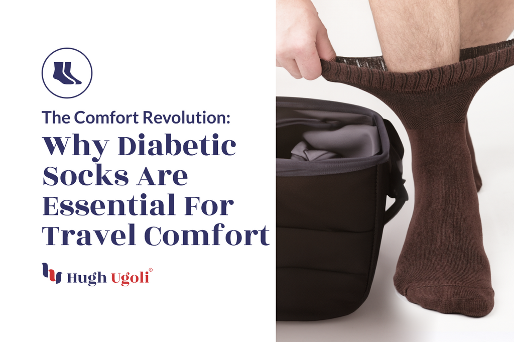 A person's lower leg shown pulling up a brown diabetic sock, standing next to a travel bag with clothes, emphasizing the importance of diabetic socks for comfortable travel.