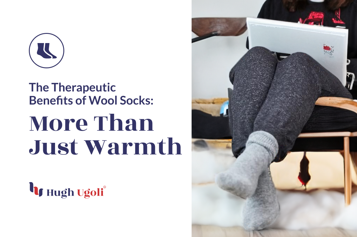 Person relaxing with feet up in cozy grey Hugh Ugoli wool socks, embodying the article's focus on their therapeutic benefits beyond just warmth.