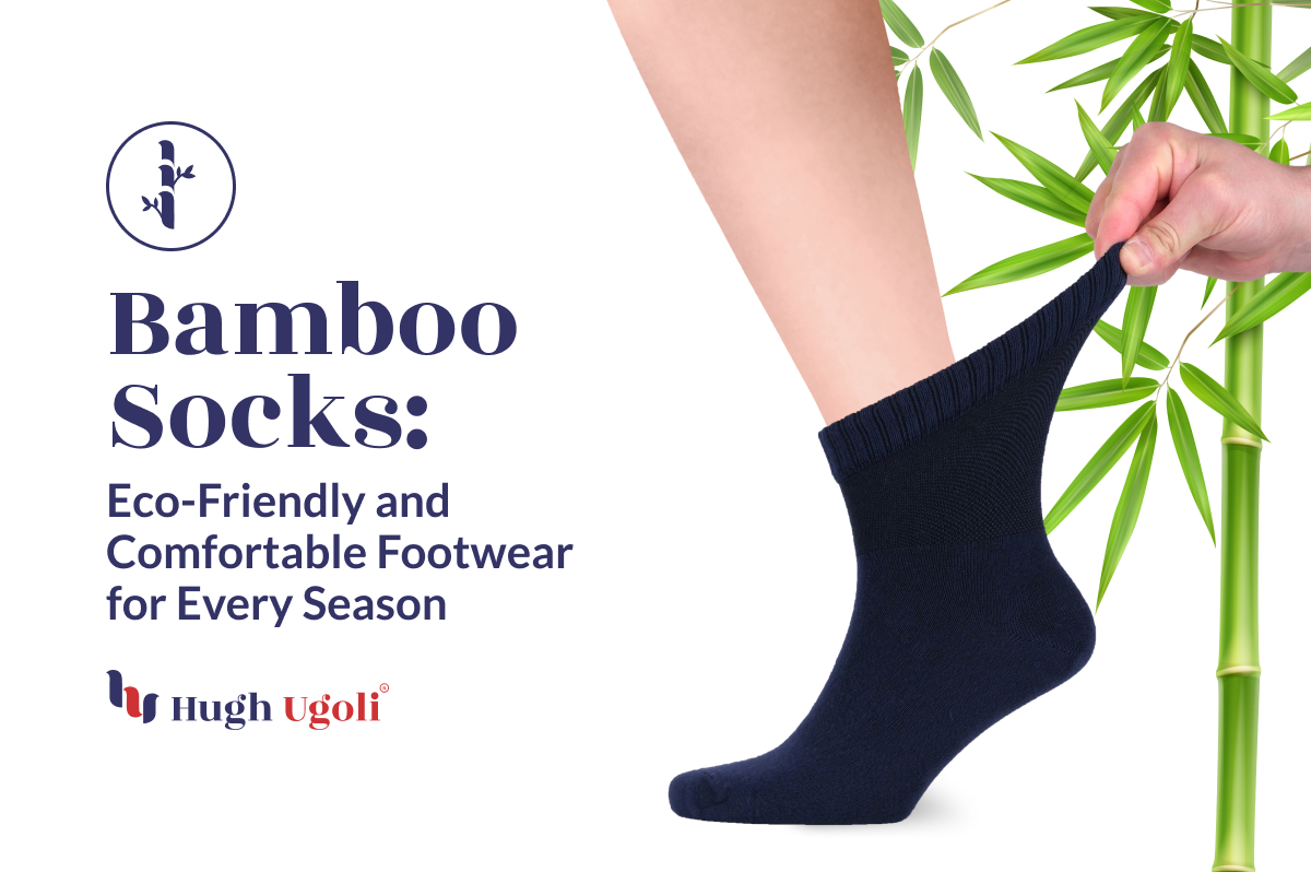 Hand stretching a navy blue Hugh Ugoli bamboo sock on a leg, with bamboo plants in the background, highlighting eco-friendliness and comfort.