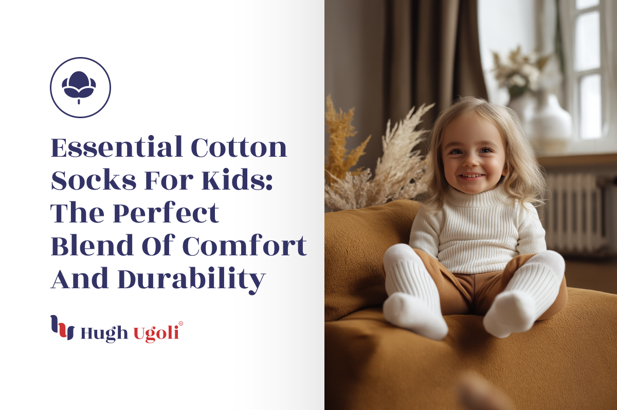 A happy child sitting on a cozy chair, wearing comfortable cotton socks and a warm sweater, perfectly capturing the blend of comfort and durability for kids' essential cotton socks.