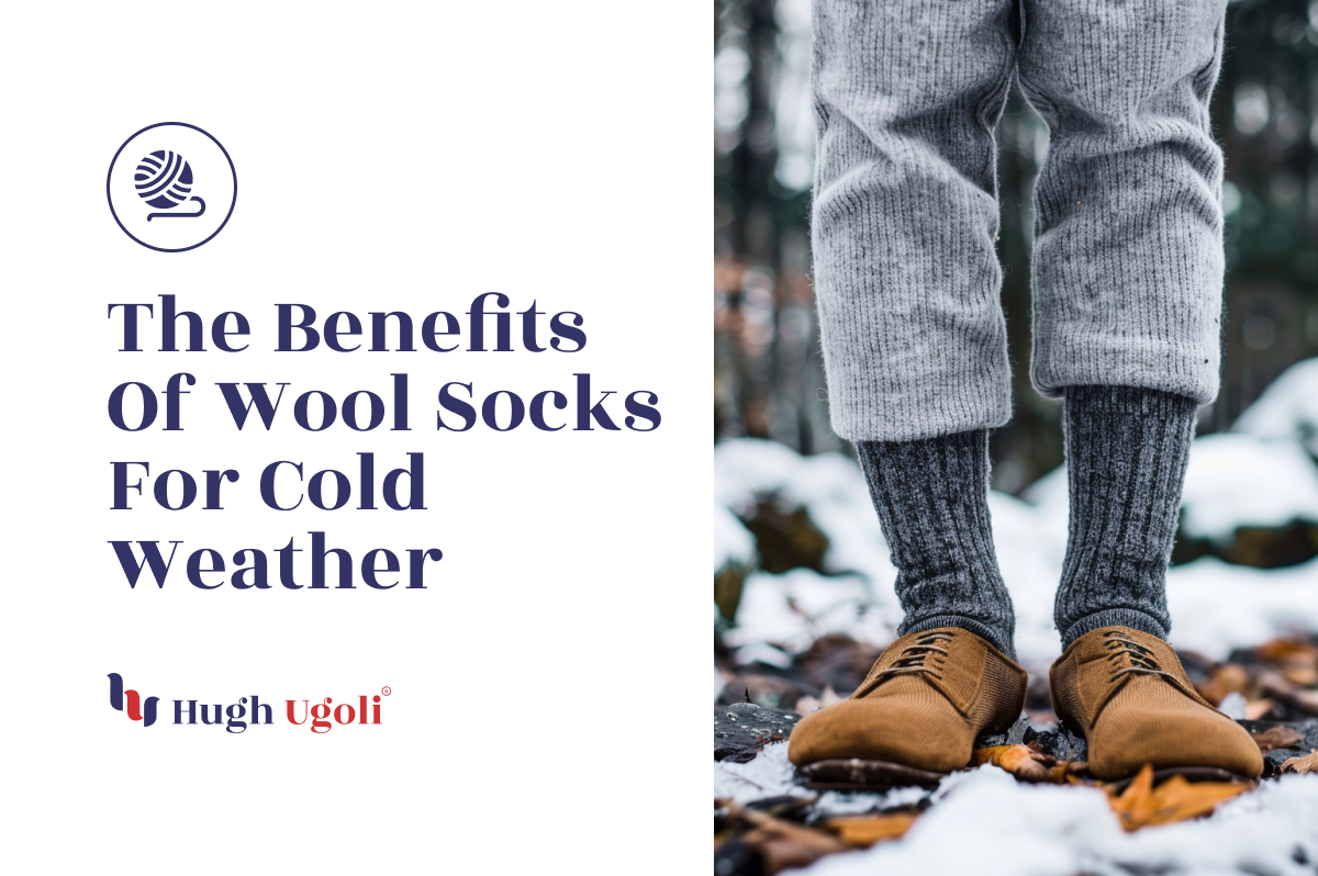 Person standing in snow wearing grey wool Hugh Ugoli socks and brown shoes, highlighting warmth and comfort for cold weather.