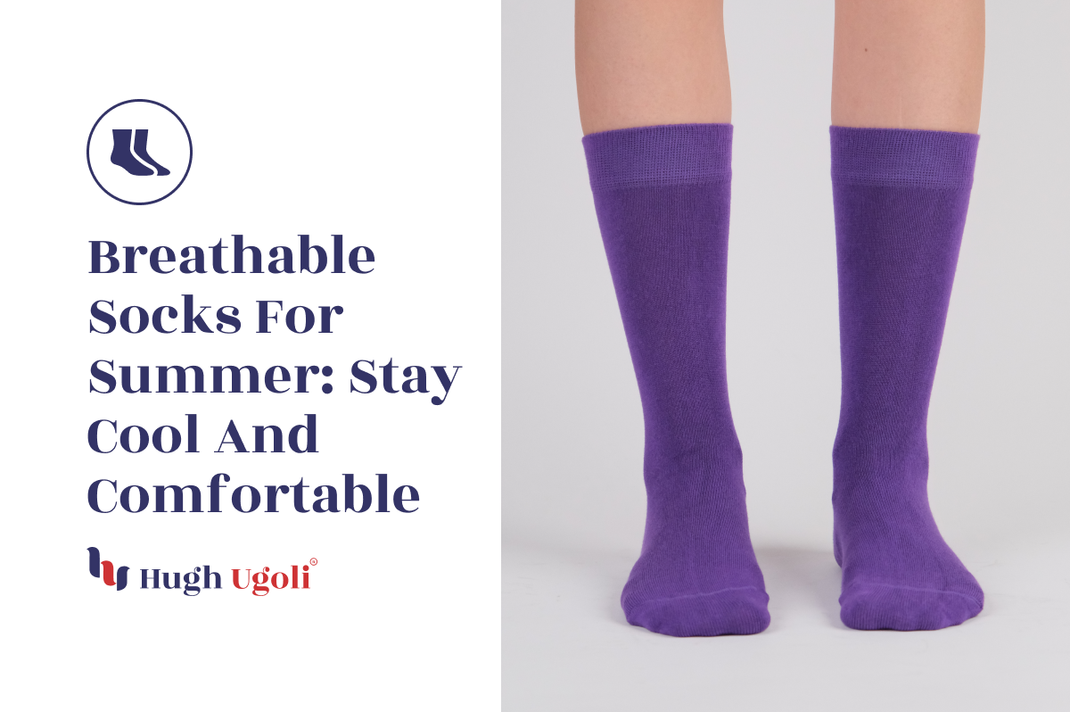 Person wearing vibrant purple breathable socks, perfect for staying cool and comfortable during summer.
