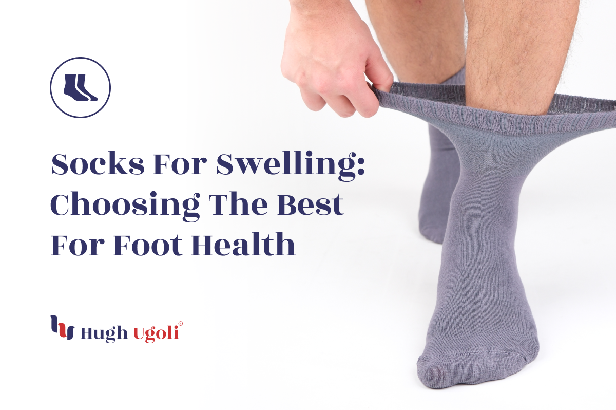 Close-up of legs wearing grey Hugh Ugoli socks, demonstrating stretch and comfort for foot health.