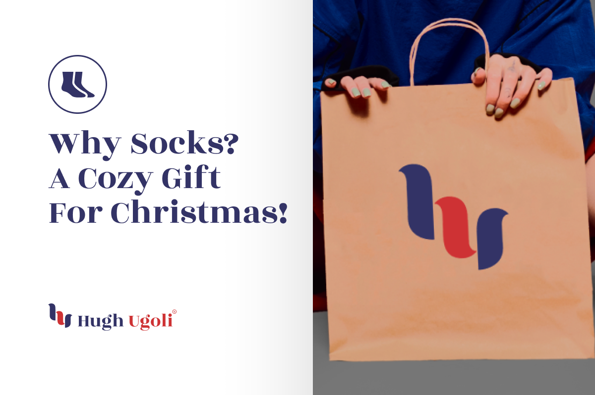 Why Socks? A Cozy Gift for Christmas! Hugh Ugoli logo on a holiday shopping bag, highlighting socks as a warm, thoughtful gift choice.