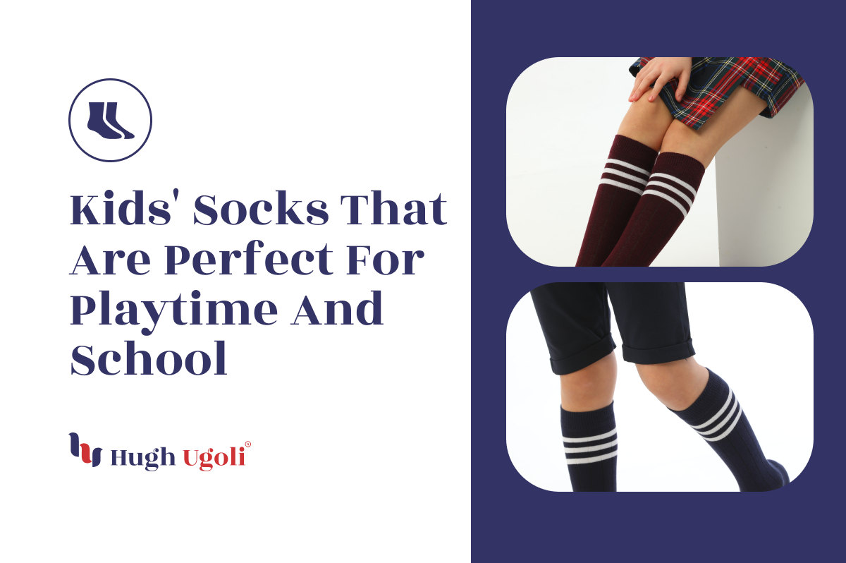 Images of children's legs wearing Hugh Ugoli knee-high socks in maroon and navy, styled for both playful and school environments.
