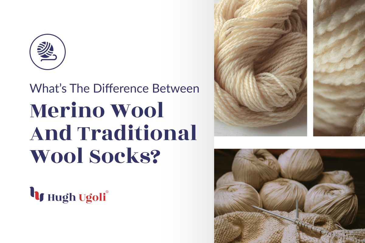 Close-up of merino wool and traditional wool yarns with the text 'What’s the Difference Between Merino Wool and Traditional Wool Socks?