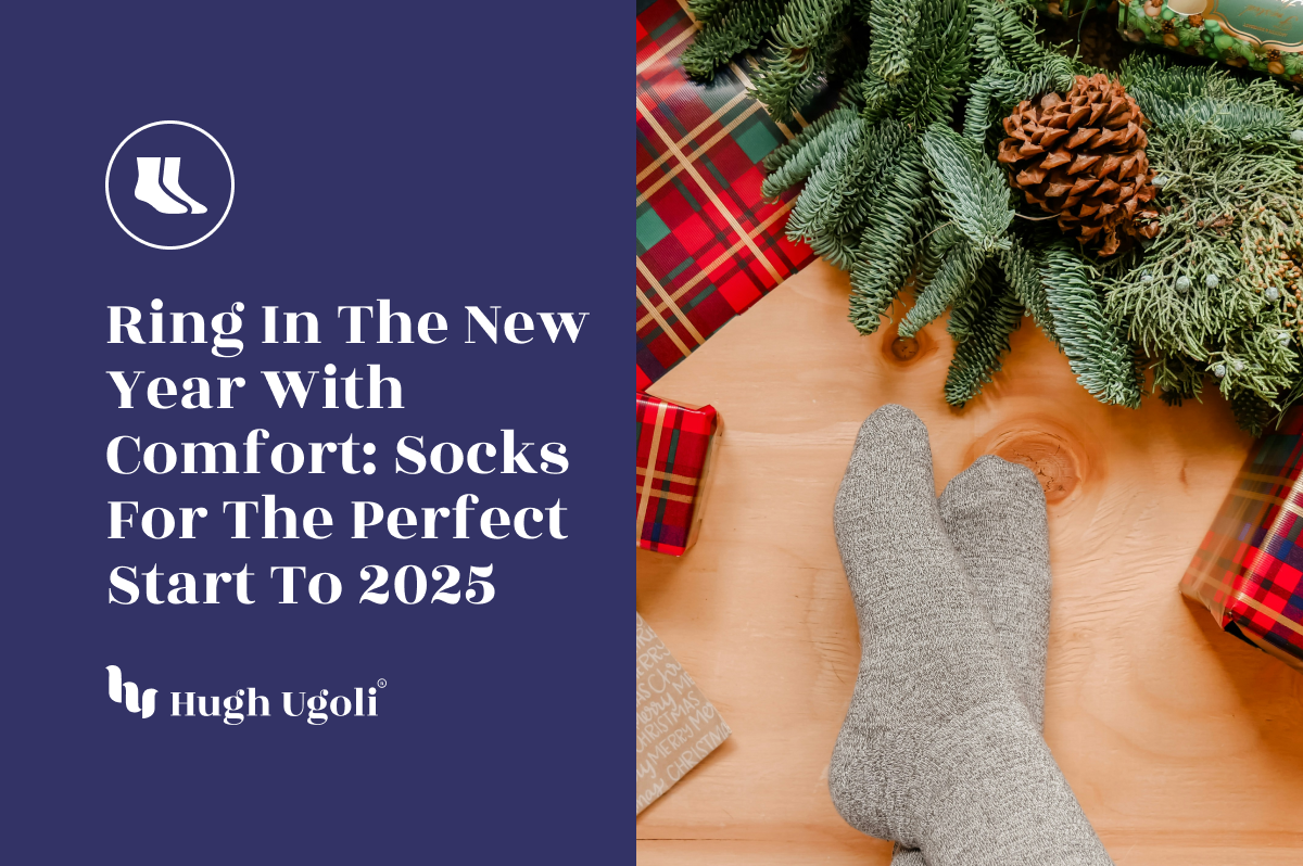 A cozy scene featuring a pair of feet in gray socks, surrounded by plaid-wrapped Christmas presents and festive greenery, set against a wooden floor.