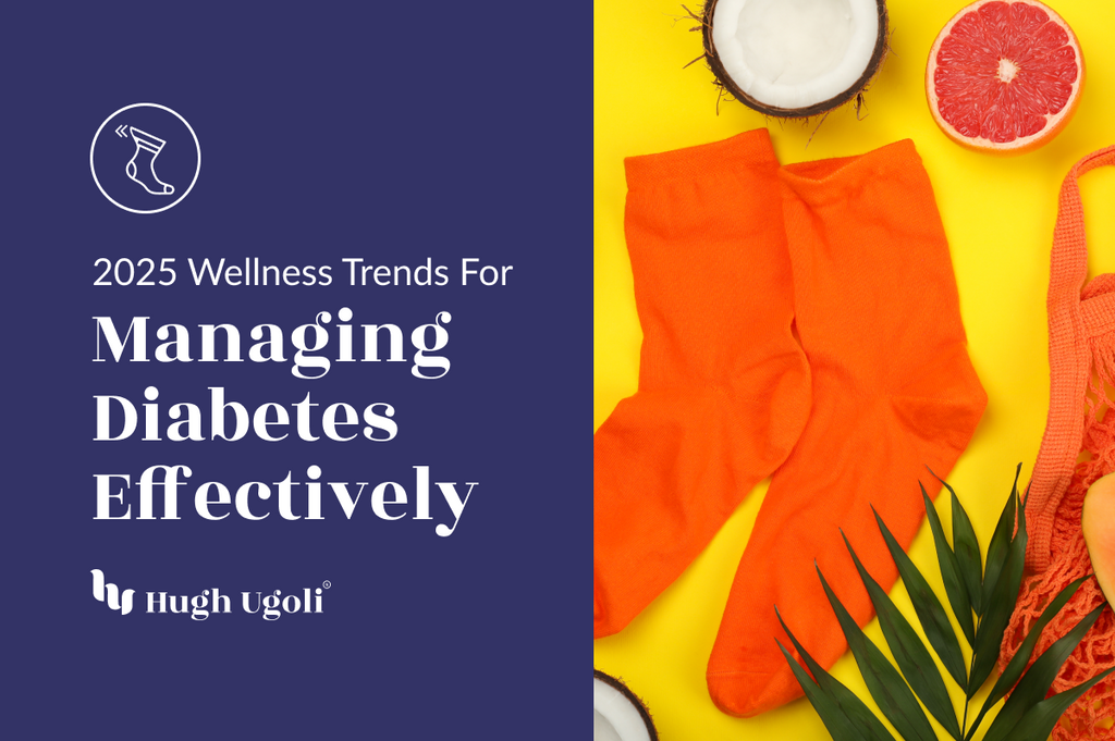 Bright orange socks paired with tropical fruits and wellness essentials, symbolizing health-focused trends for 2025.