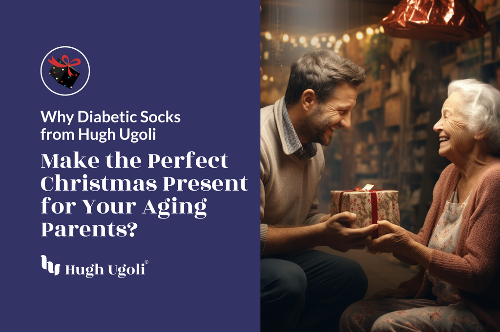 A smiling elderly woman receives a Christmas gift from a younger man, with text promoting diabetic socks as gifts.