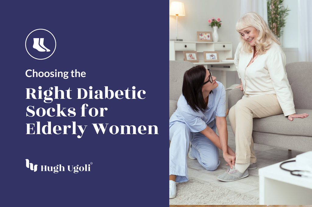 The image shows a healthcare professional assisting an elderly woman with her socks, suggesting a focus on diabetic socks for elderly women.