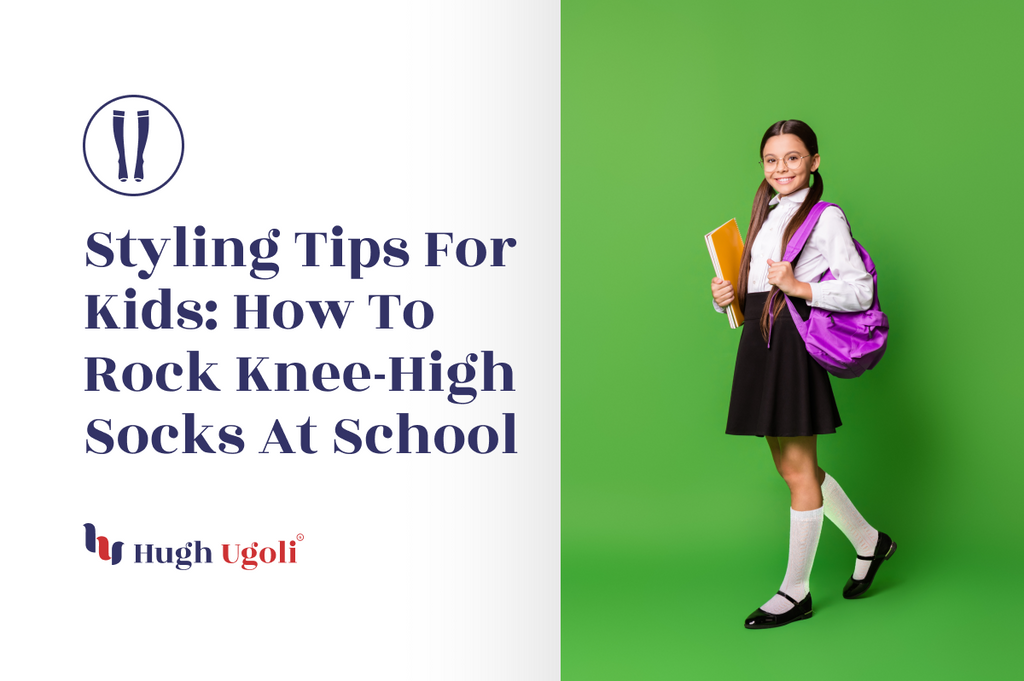 Girl wearing knee-high white socks, school uniform, and a purple backpack, standing against a green background, holding books.