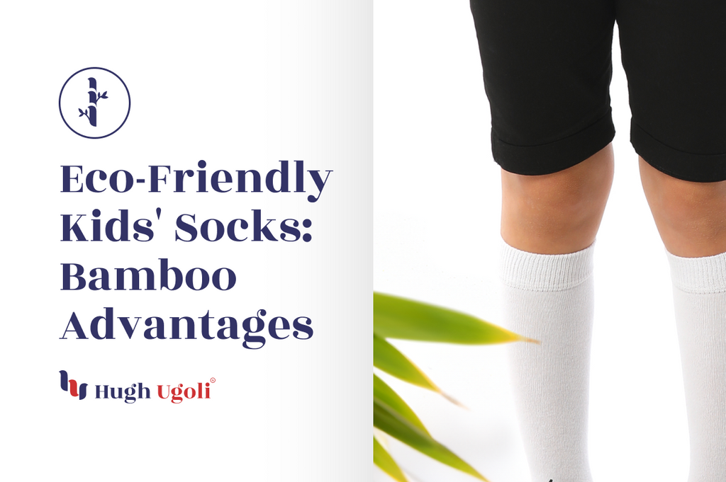 A child wearing white knee-high bamboo socks, with a green bamboo leaf accent in the corner, illustrating the eco-friendly benefits of bamboo fabric for kids' socks.
