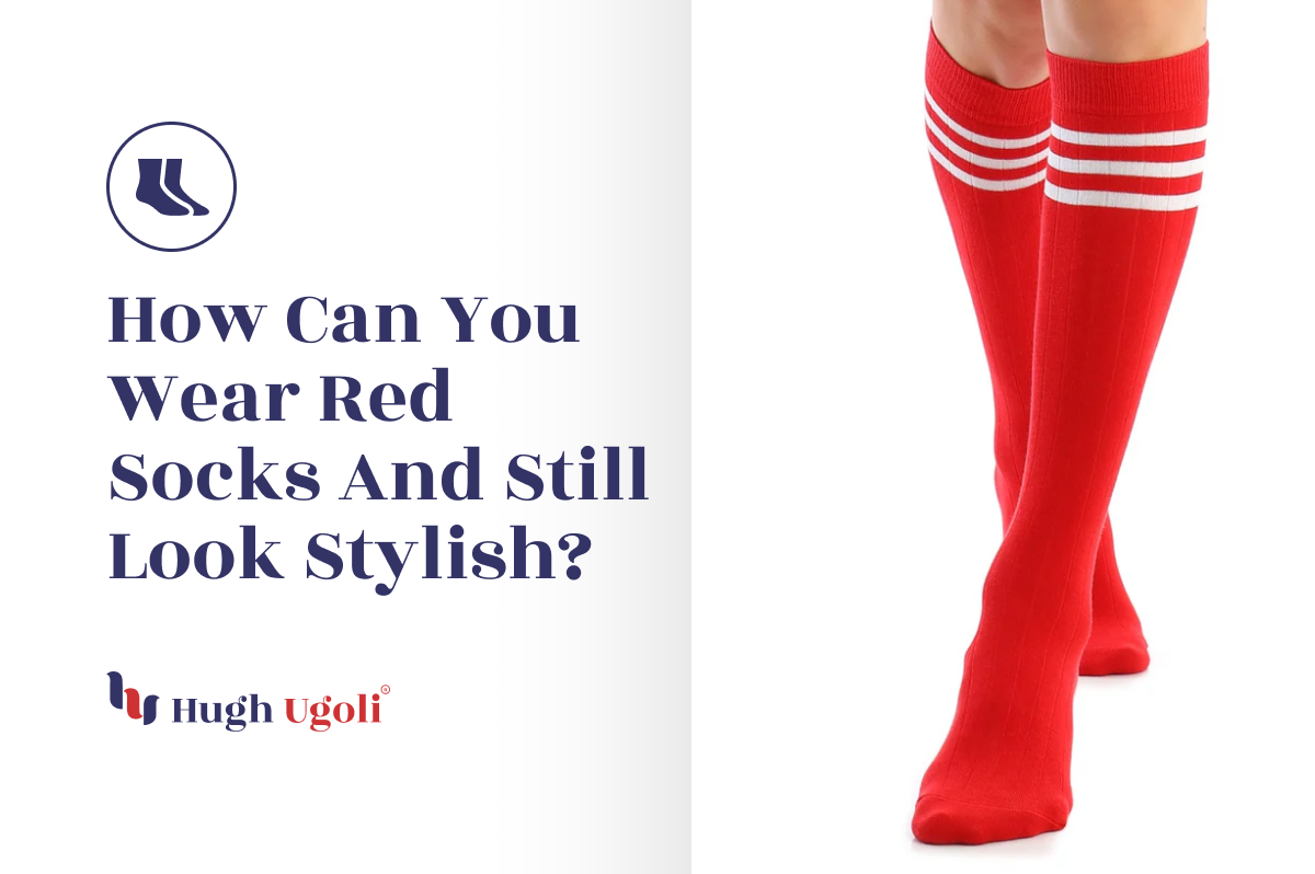Woman wearing stylish red knee-high socks with white stripes, featured alongside a text asking 'How Can You Wear Red Socks And Still Look Stylish?