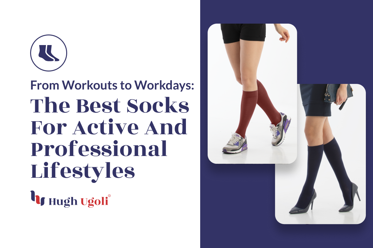 Dual showcase of maroon athletic socks with sneakers and navy dress socks with heels, epitomizing versatility for sporty and formal settings.