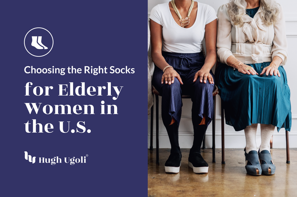 The image shows two elderly women sitting side by side, one in navy pants and black shoes, the other in a teal skirt with beige socks and blue shoes, with text about choosing socks for elderly women in the U.S.