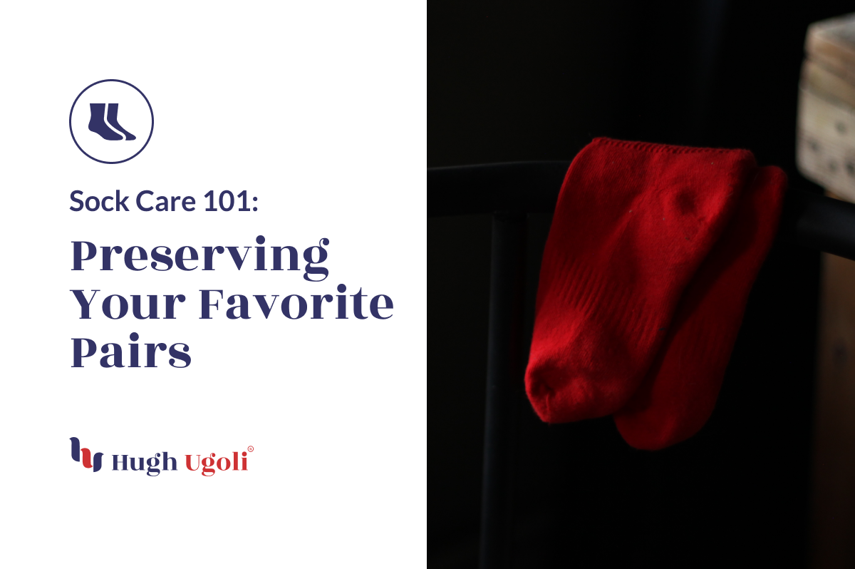 A single red Hugh Ugoli sock draped over a dark chair, illustrating the theme 'Sock Care 101: Preserving Your Favorite Pairs'.