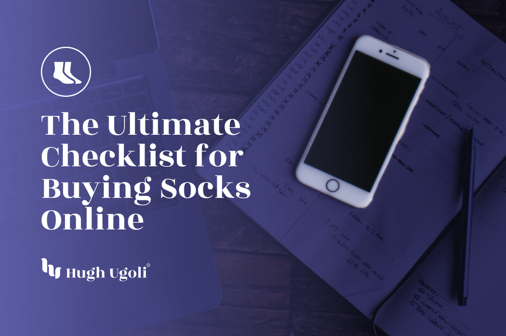 The image features a text overlay that says "The Ultimate Checklist for Buying Socks Online" by Hugh Ugoli, set against a background with a smartphone, papers, and what appears to be a notebook or a planner.