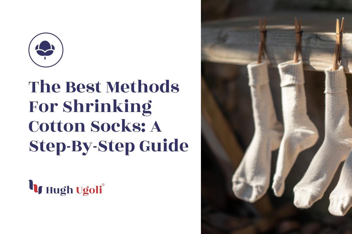 A step-by-step guide on shrinking cotton socks, featuring three white socks hanging from clothespins on a drying line in soft, natural light.