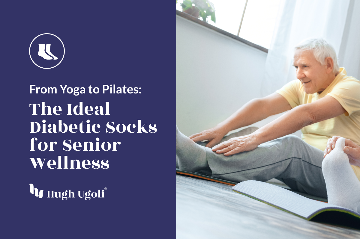 Senior man stretching on a yoga mat, promoting active lifestyle with diabetic socks.