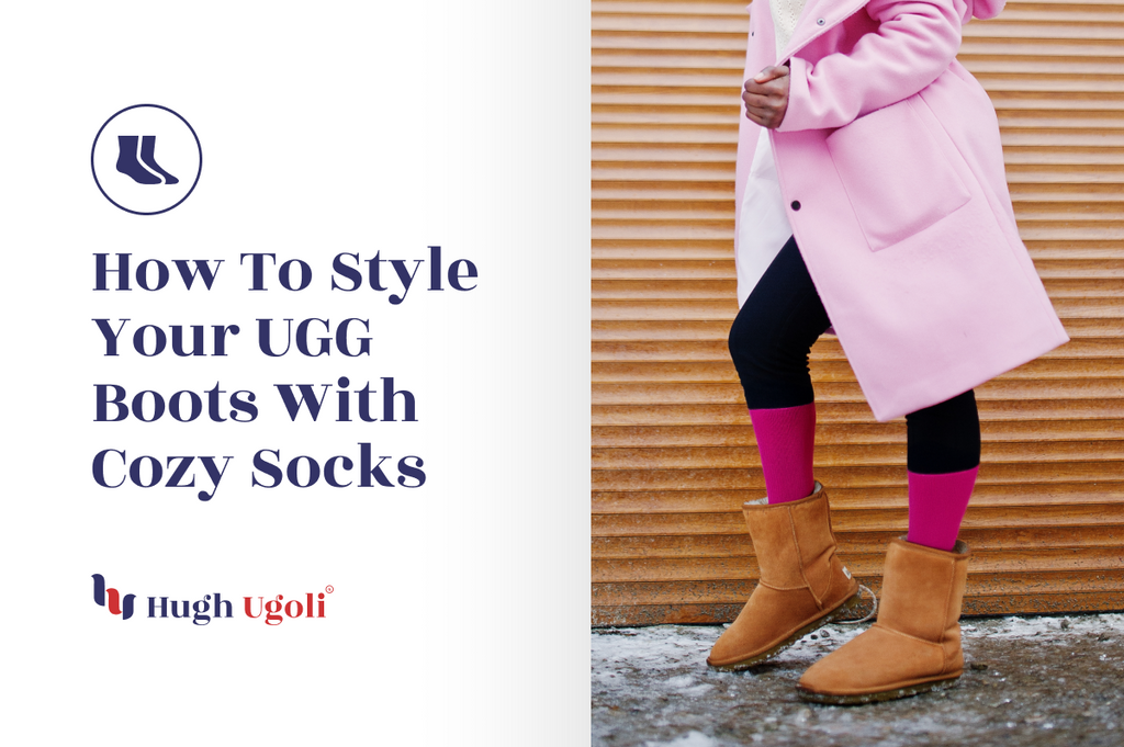A stylish winter outfit featuring pink socks paired with UGG boots and a cozy pink coat, showcasing a chic cold-weather look.