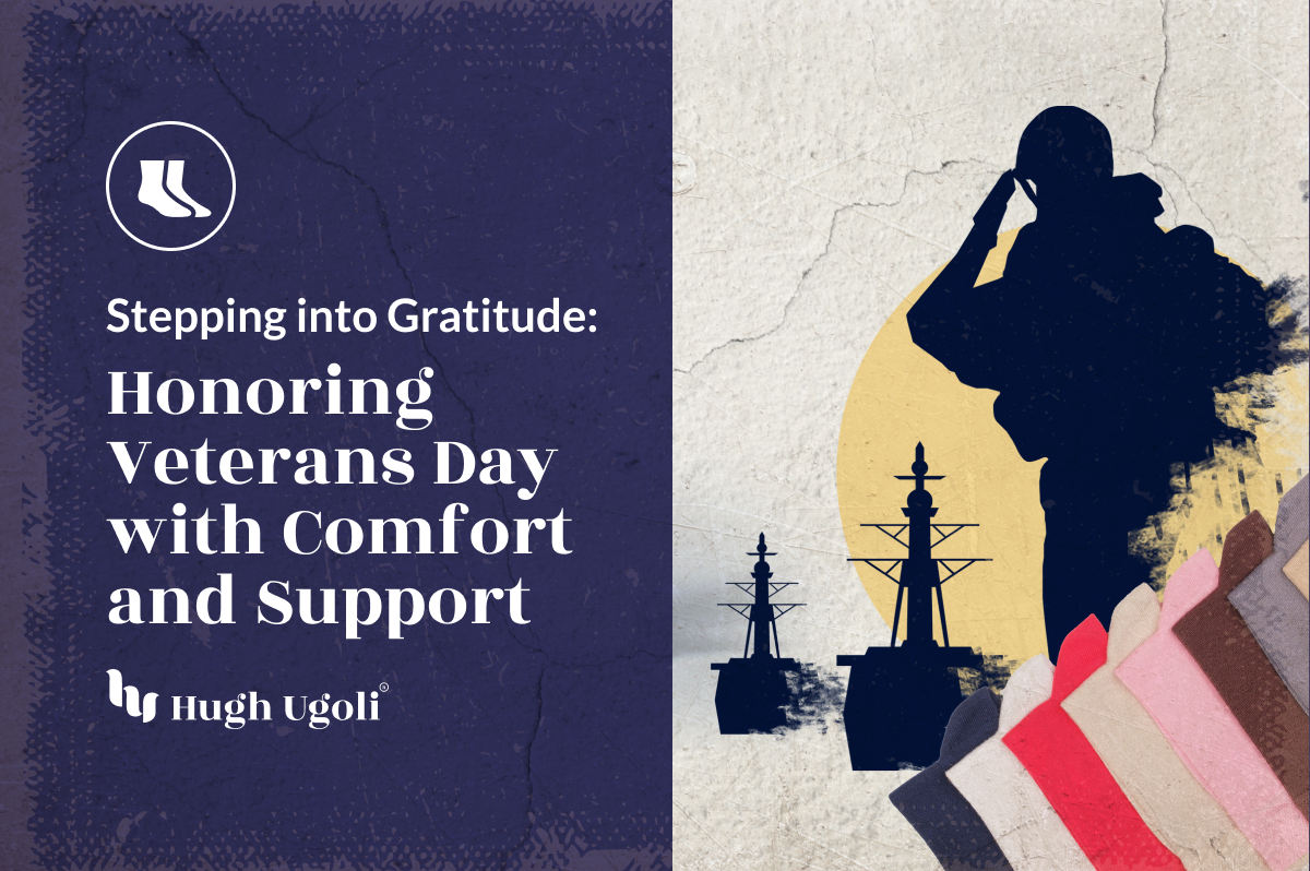 An image for Veterans Day with a silhouette of a saluting soldier, text about honoring veterans with comfort and support by Hugh Ugoli, and a row of colorful socks at the bottom, suggesting a themed promotion.