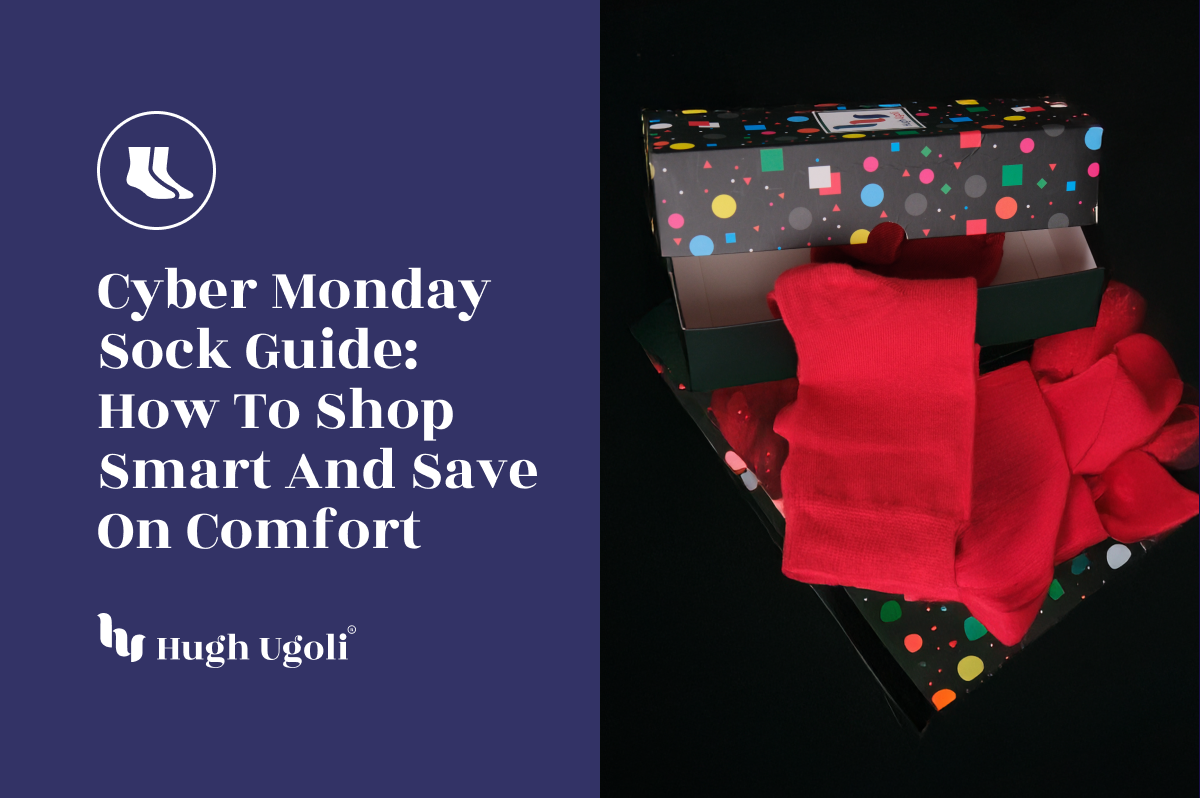 Red socks in a box with promotional text for Cyber Monday sock guide on a dark background