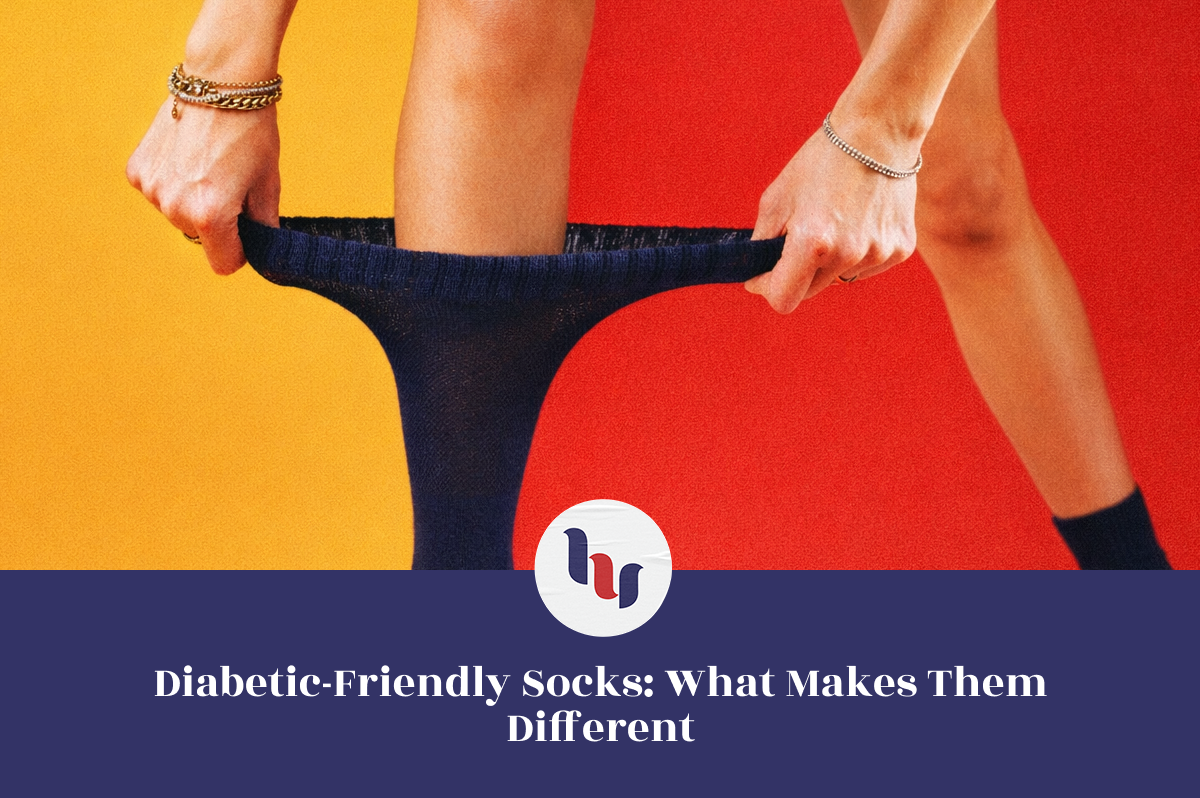Person holding a pair of diabetic-friendly socks against a colorful background with a logo and text.