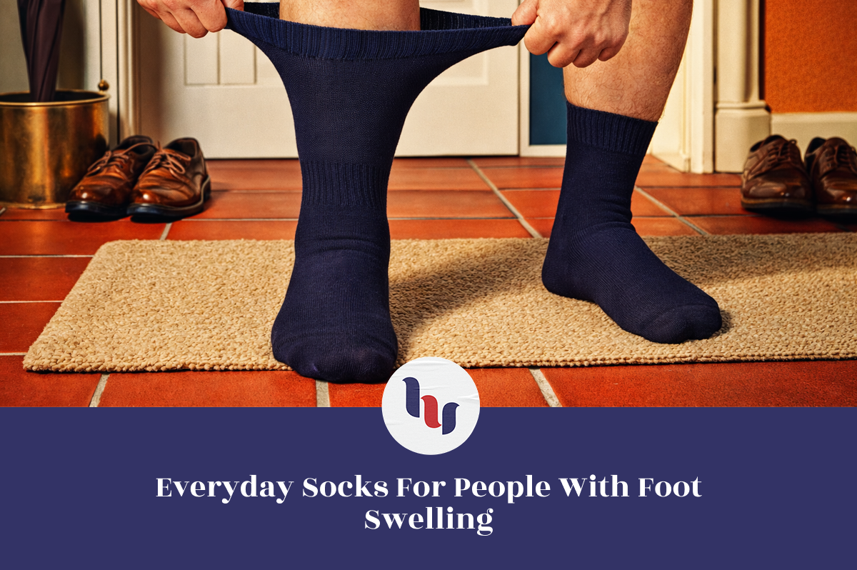 Person wearing navy socks on a wooden floor with text about everyday socks for people with foot swelling.