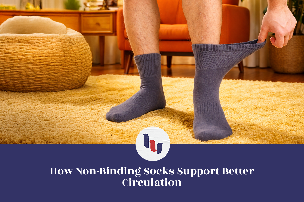 Person wearing non-binding socks in a home setting with text about circulation benefits.