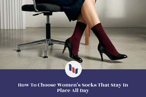Woman wearing dark socks and black high heels sitting on a chair with text about choosing women's socks.