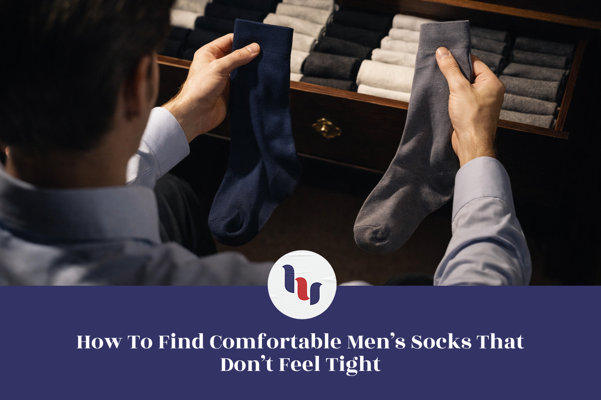 Person holding two pairs of socks in a store setting with text about finding comfortable men's socks.