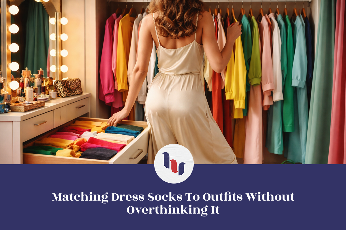 Woman in a beige dress standing in front of a colorful wardrobe with open drawers.