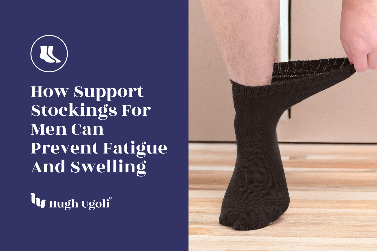 Person wearing black support stockings with text about their benefits on a blue background.