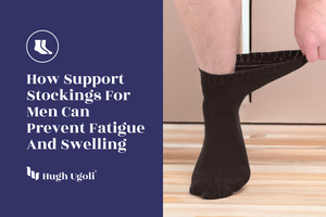 Person wearing black support stockings with text about their benefits on a blue background.