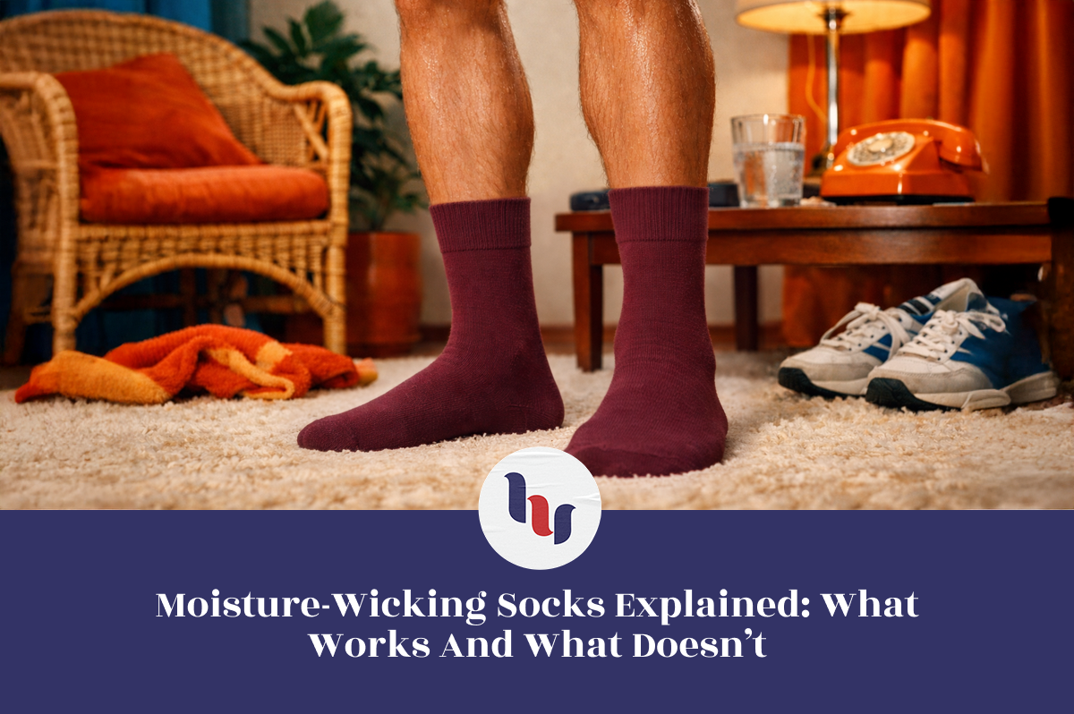 Person wearing maroon socks in a living room setting with text about moisture-wicking socks.