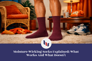 Person wearing maroon socks in a living room setting with text about moisture-wicking socks.
