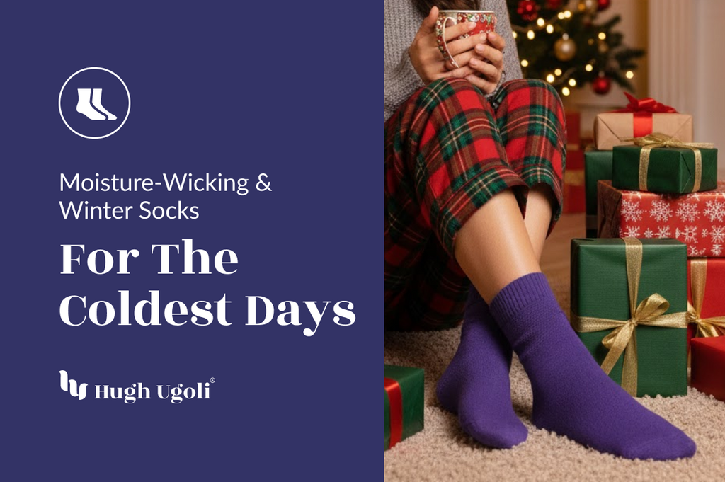 Person wearing purple socks with text about moisture-wicking socks for cold weather, set against a festive background with presents and a Christmas tree.