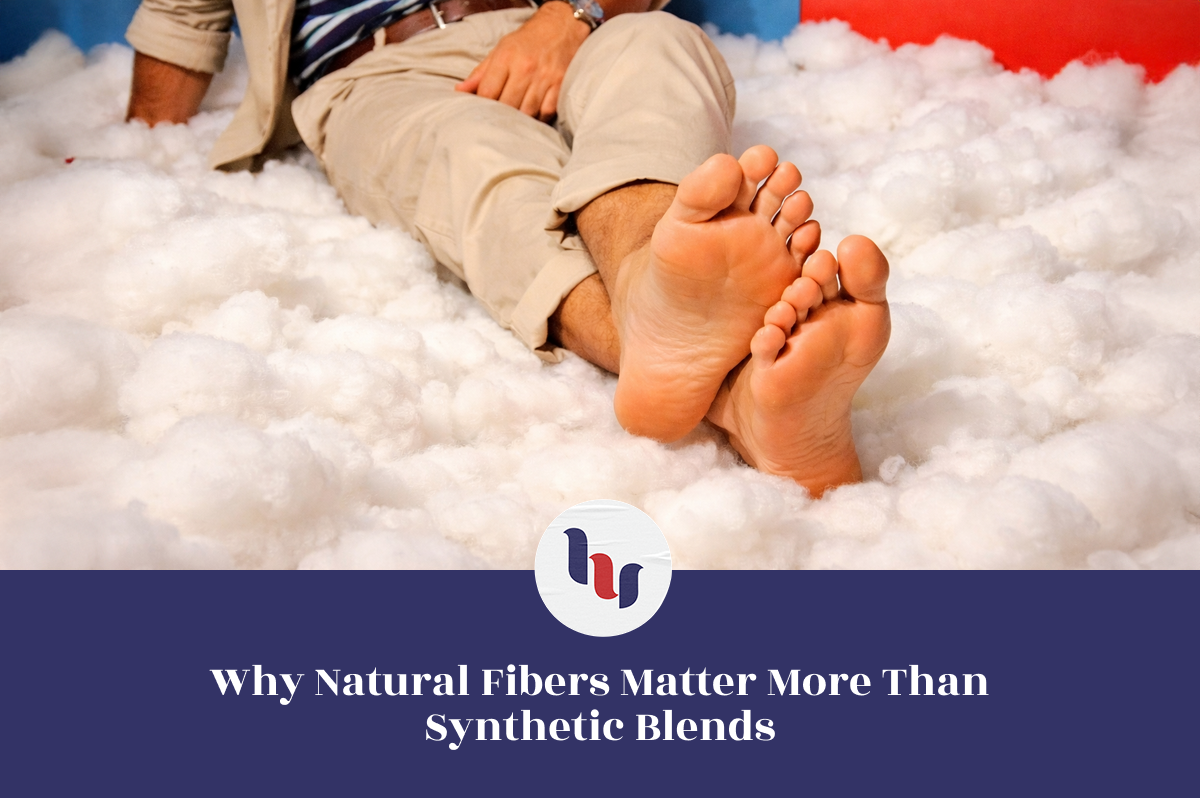Feet on a bed of white fibers with text overlay about natural fibers.