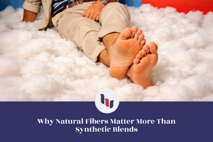 Feet on a bed of white fibers with text overlay about natural fibers.